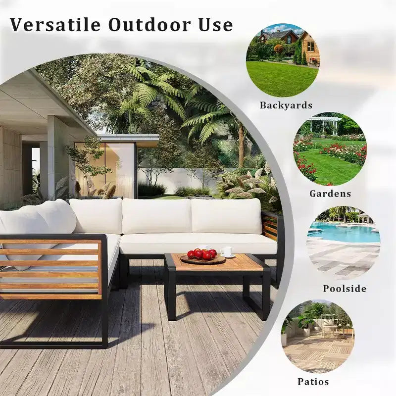 Ensemble de conversation d'extérieur 4 pièces Whisen en métal et bois, résistant aux intempéries, avec canapé modulable et coussins et table
