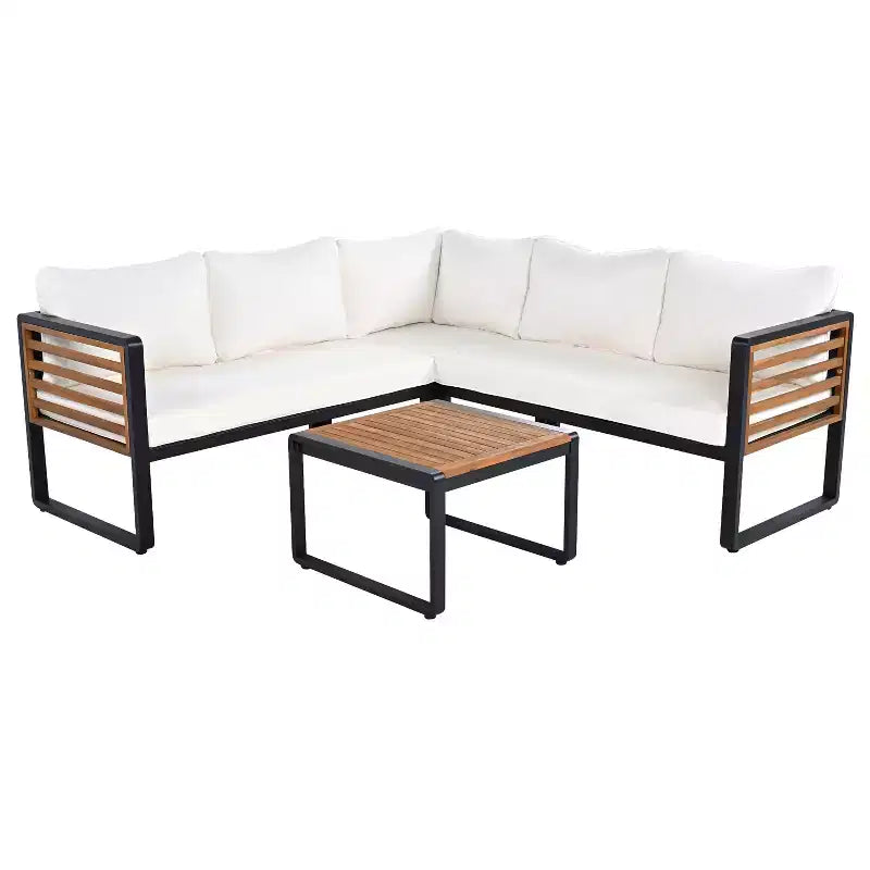 Ensemble de conversation d'extérieur 4 pièces Whisen en métal et bois, résistant aux intempéries, avec canapé modulable et coussins et table