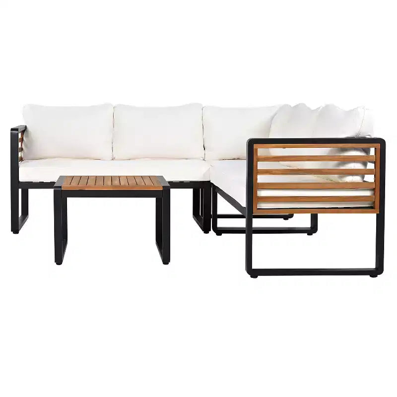 Ensemble de conversation d'extérieur 4 pièces Whisen en métal et bois, résistant aux intempéries, avec canapé modulable et coussins et table