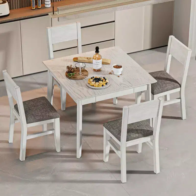 VECELO Farmhouse Style 5-Piece Dining Table Set for 4, Rubber Wood Square Table and 4 Upholstered Dining Chairs, Gray