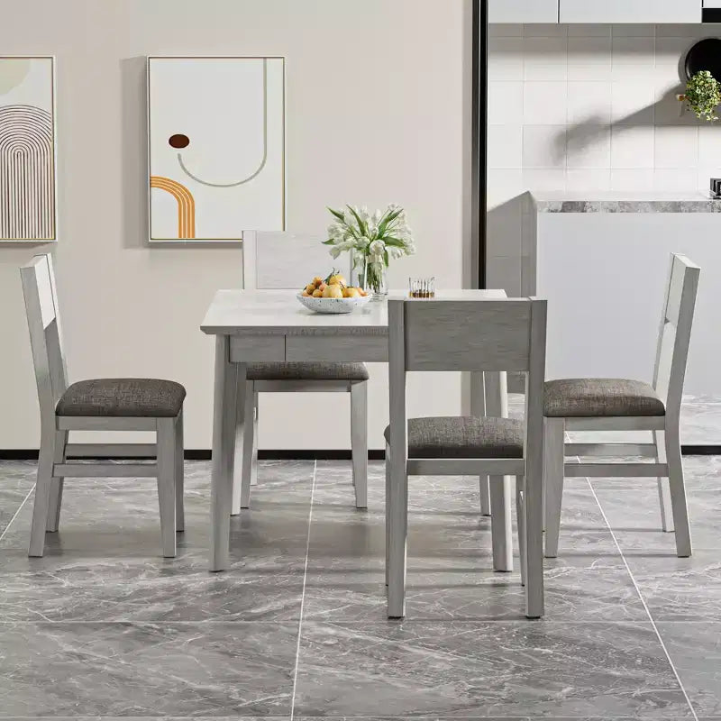 Ensemble de salle à manger 5 pièces VECELO de style ferme pour 4 personnes, table carrée en bois d'hévéa et 4 chaises de salle à manger rembourrées, gris