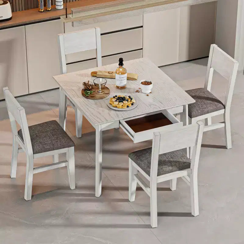 Ensemble de salle à manger 5 pièces VECELO de style ferme pour 4 personnes, table carrée en bois d'hévéa et 4 chaises de salle à manger rembourrées, gris