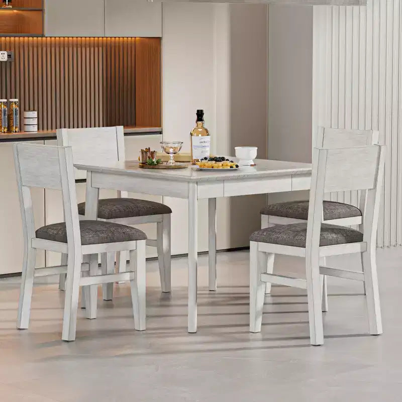 Ensemble de salle à manger 5 pièces VECELO de style ferme pour 4 personnes, table carrée en bois d'hévéa et 4 chaises de salle à manger rembourrées, gris