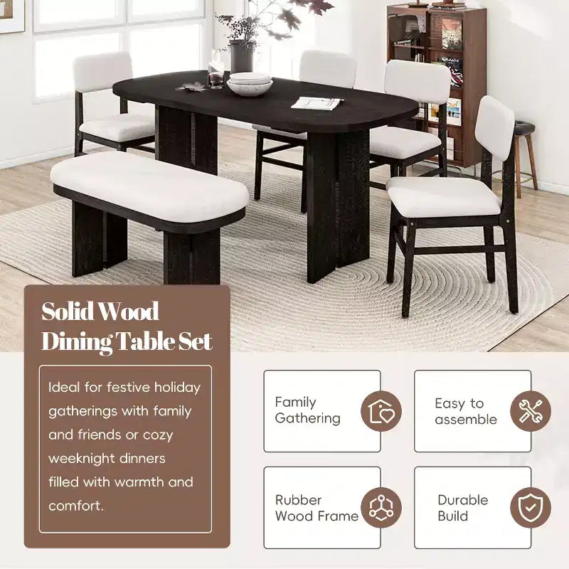 Ensemble table de salle à manger 6 pièces avec chaises rembourrées et banc, style rustique fermier, naturel/espresso-ModernLuxe