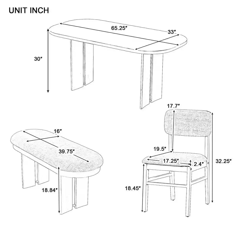 Ensemble table de salle à manger 6 pièces avec chaises rembourrées et banc, style rustique fermier, naturel/espresso-ModernLuxe