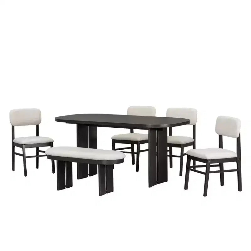 Ensemble table de salle à manger 6 pièces avec chaises rembourrées et banc, style rustique fermier, naturel/espresso-ModernLuxe