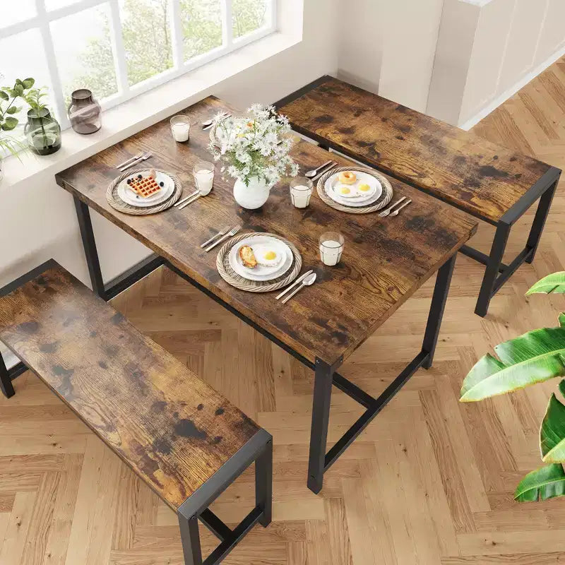 Ensemble table à manger pour 4, table de cuisine avec 2 bancs en métal et bois, ensemble de table à manger rectangulaire, pour petit espace, appartement, studio