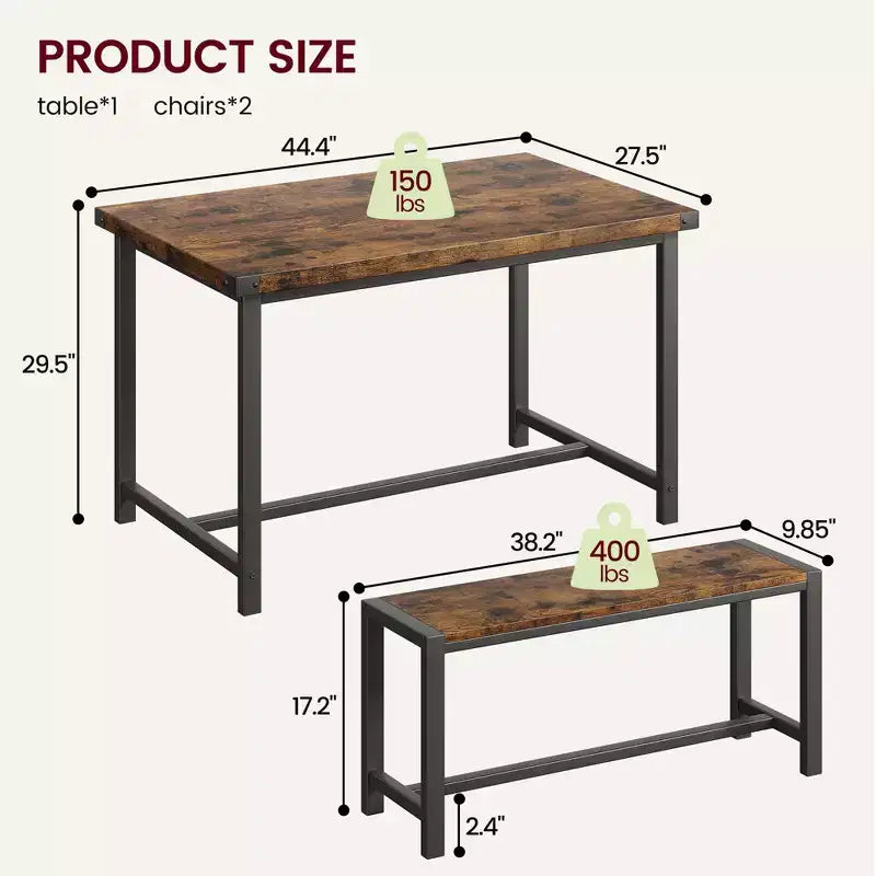 Ensemble table à manger pour 4, table de cuisine avec 2 bancs en métal et bois, ensemble de table à manger rectangulaire, pour petit espace, appartement, studio
