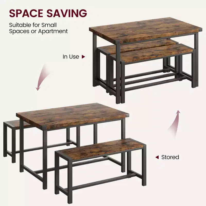 Ensemble table à manger pour 4, table de cuisine avec 2 bancs en métal et bois, ensemble de table à manger rectangulaire, pour petit espace, appartement, studio