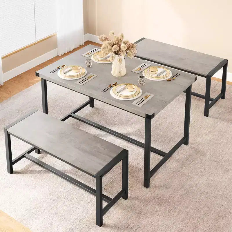 Ensemble table à manger pour 4, table de cuisine avec 2 bancs en métal et bois, ensemble de table à manger rectangulaire, pour petit espace, appartement, studio
