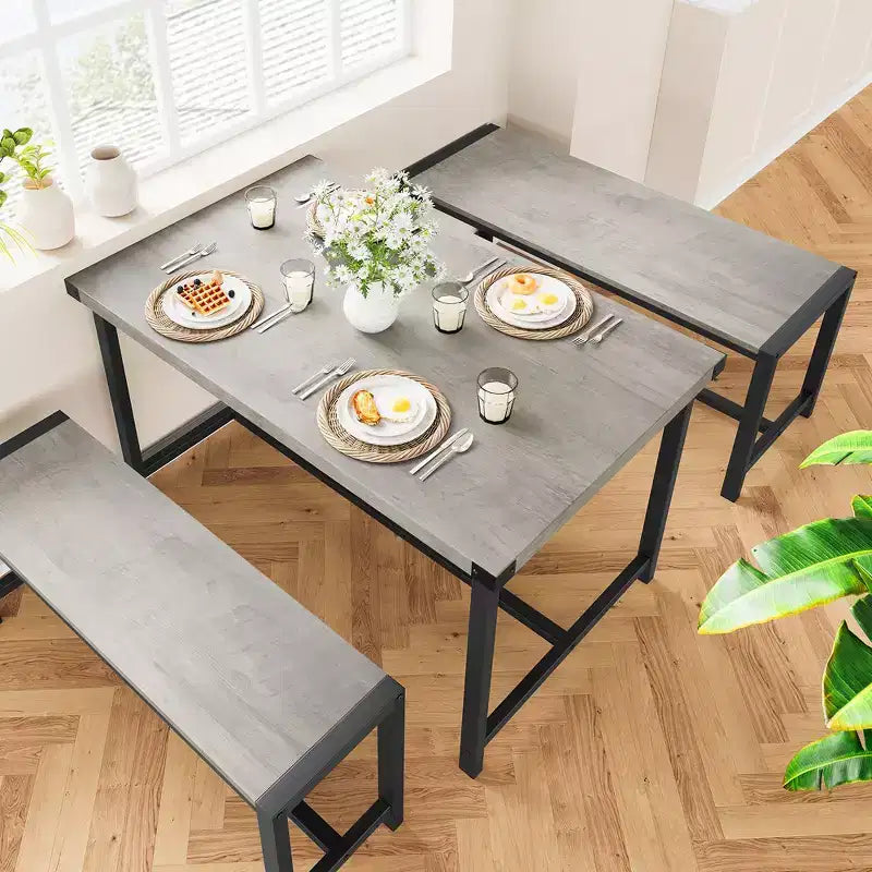 Ensemble table à manger pour 4, table de cuisine avec 2 bancs en métal et bois, ensemble de table à manger rectangulaire, pour petit espace, appartement, studio