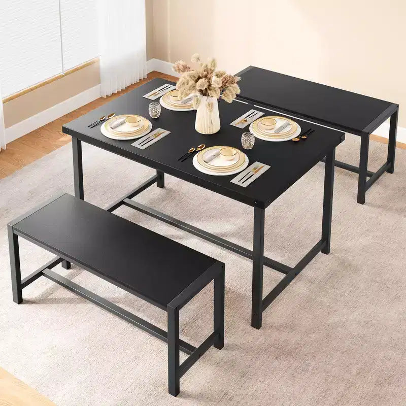 Ensemble table à manger pour 4, table de cuisine avec 2 bancs en métal et bois, ensemble de table à manger rectangulaire, pour petit espace, appartement, studio