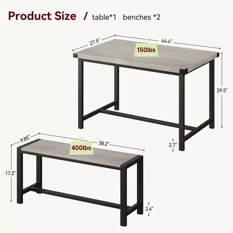 Ensemble table à manger pour 4, table de cuisine avec 2 bancs en métal et bois, ensemble de table à manger rectangulaire, pour petit espace, appartement, studio