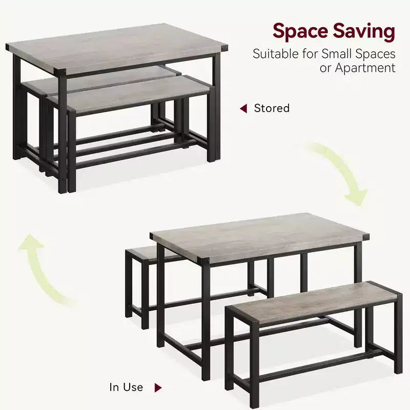 Ensemble table à manger pour 4, table de cuisine avec 2 bancs en métal et bois, ensemble de table à manger rectangulaire, pour petit espace, appartement, studio