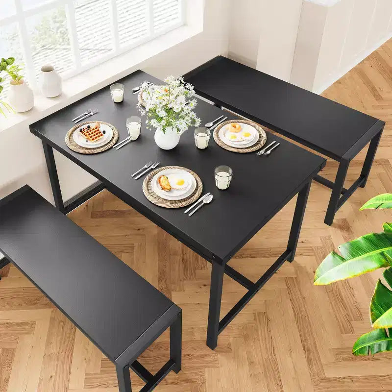 Ensemble table à manger pour 4, table de cuisine avec 2 bancs en métal et bois, ensemble de table à manger rectangulaire, pour petit espace, appartement, studio