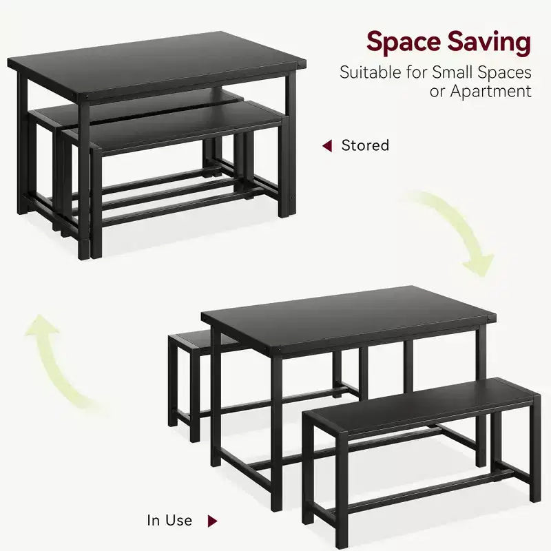 Ensemble table à manger pour 4, table de cuisine avec 2 bancs en métal et bois, ensemble de table à manger rectangulaire, pour petit espace, appartement, studio
