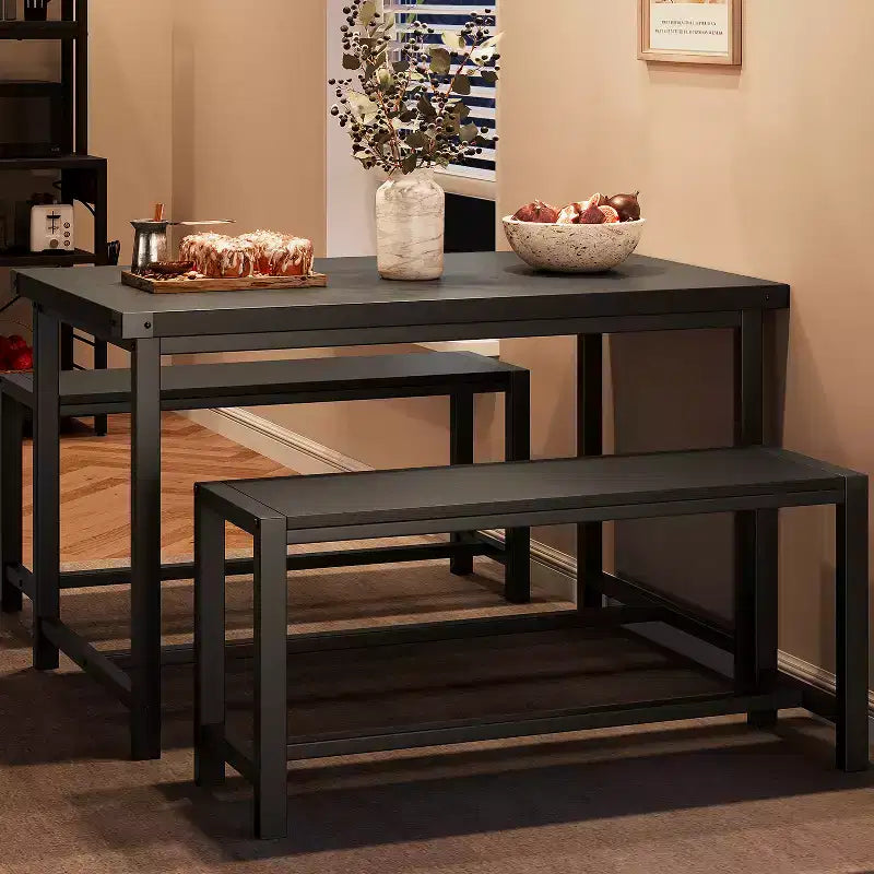 Dining Table Set for 4, Kitchen Table with 2 Metal Wood Benches, Rectangular Room Dining Table Set, for Small Space, Apartment, Studio