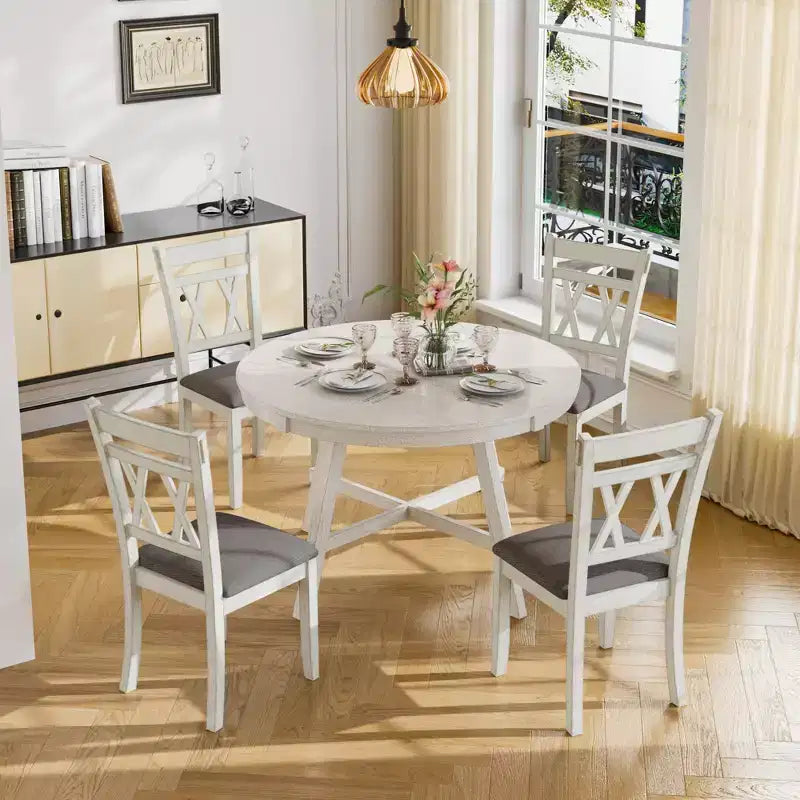 VECELO Rustic Dining Table Set, Rubber Wood Round Table and Upholstered Dining Chairs for Kitchen, Gray