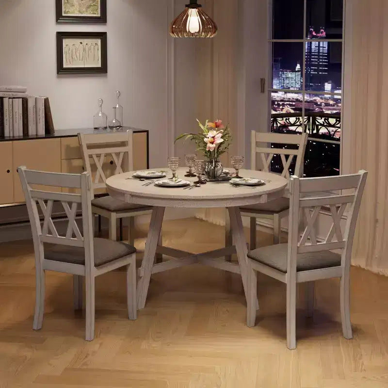 Ensemble de table à manger rustique VECELO, table ronde en bois d'hévéa et chaises de salle à manger rembourrées pour cuisine, gris