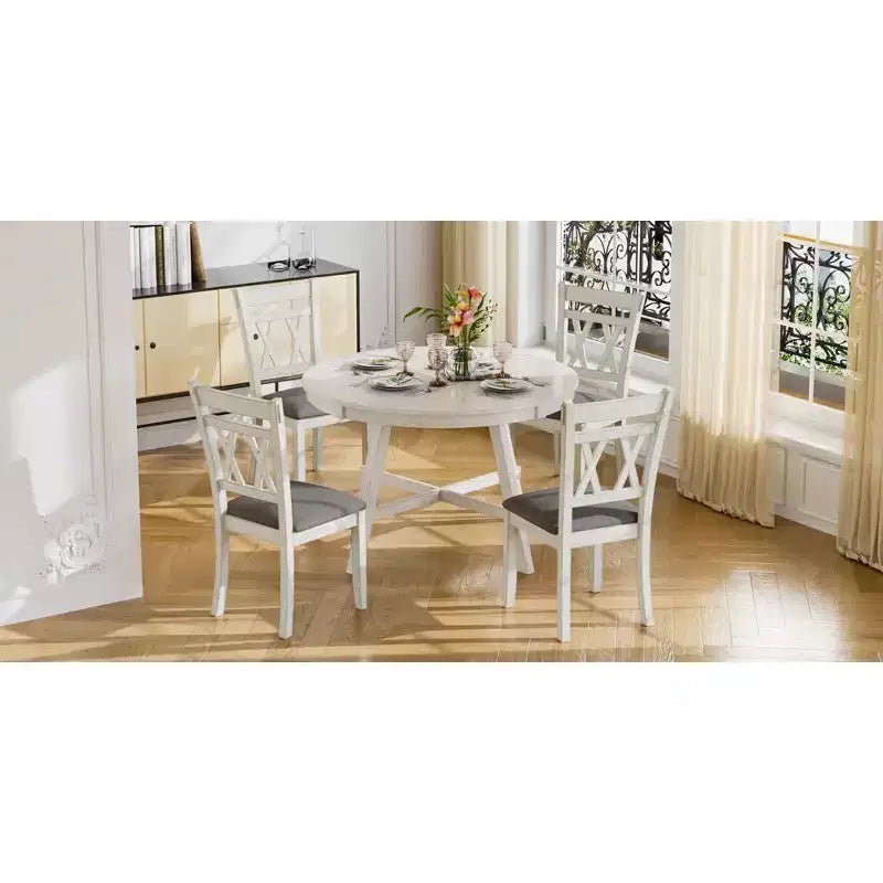 Ensemble de table à manger rustique VECELO, table ronde en bois d'hévéa et chaises de salle à manger rembourrées pour cuisine, gris
