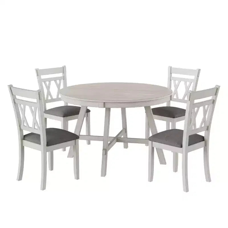 Ensemble de table à manger rustique VECELO, table ronde en bois d'hévéa et chaises de salle à manger rembourrées pour cuisine, gris