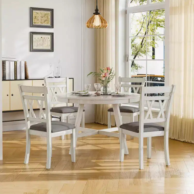 Ensemble de table à manger rustique VECELO, table ronde en bois d'hévéa et chaises de salle à manger rembourrées pour cuisine, gris
