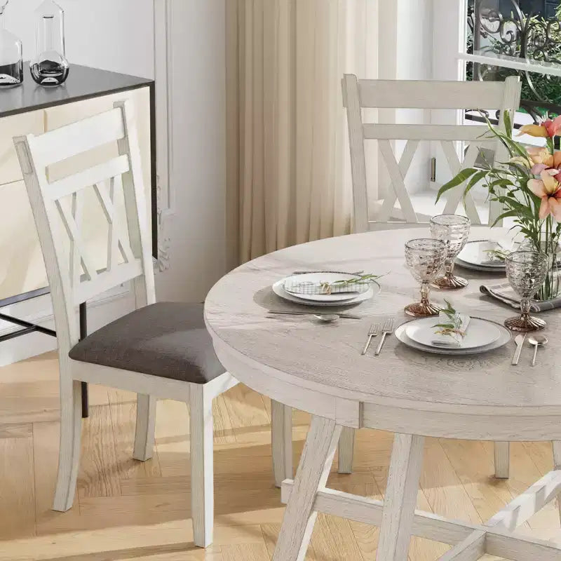 Ensemble de table à manger rustique VECELO, table ronde en bois d'hévéa et chaises de salle à manger rembourrées pour cuisine, gris