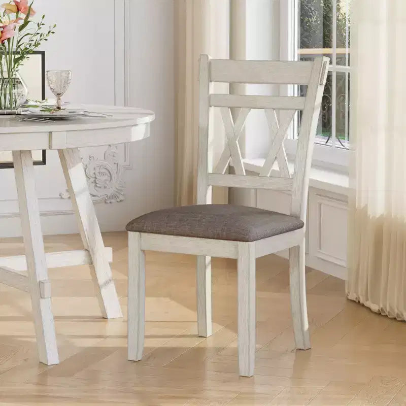 Ensemble de table à manger rustique VECELO, table ronde en bois d'hévéa et chaises de salle à manger rembourrées pour cuisine, gris
