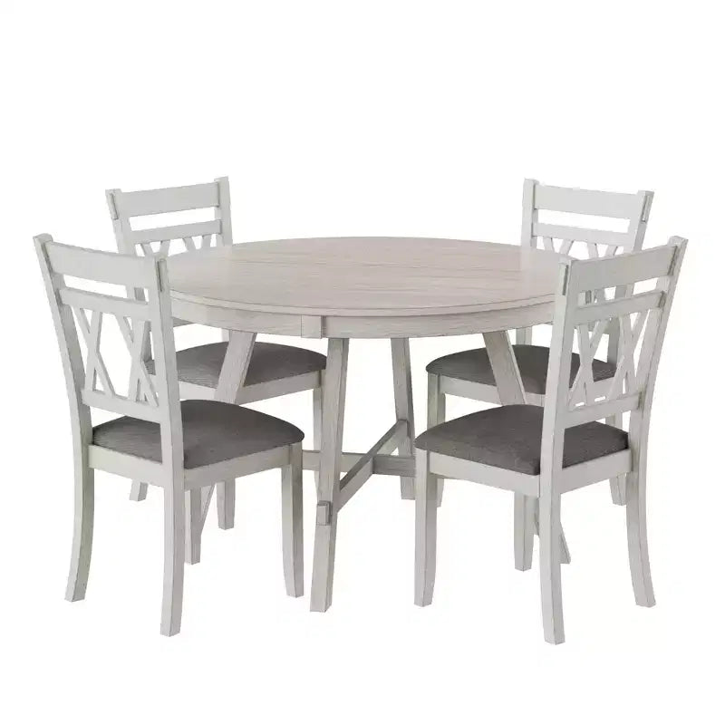 Ensemble de table à manger rustique VECELO, table ronde en bois d'hévéa et chaises de salle à manger rembourrées pour cuisine, gris