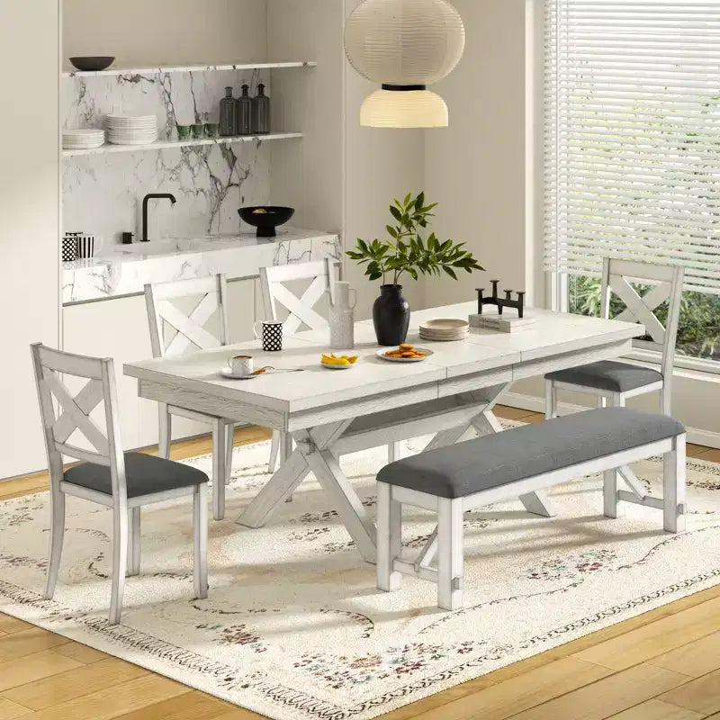 VECELO Rustic 6-Piece Extendable Dining Table Set, Rubber Wood Table with 4 Armless Upholstered Dining Chairs and Bench for Kitchen, Gray