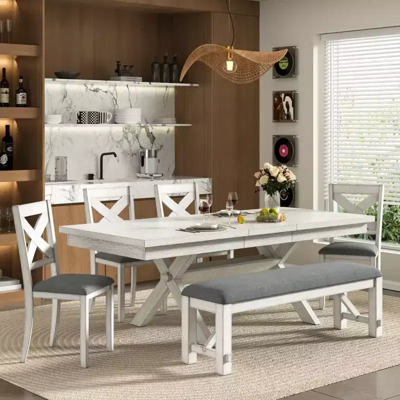 Ensemble de salle à manger extensible VECELO rustique 6 pièces, table en bois d'hévéa avec 4 chaises de salle à manger rembourrées sans accoudoirs et banc pour cuisine, gris
