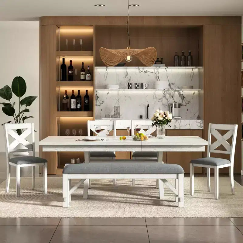 Ensemble de salle à manger extensible VECELO rustique 6 pièces, table en bois d'hévéa avec 4 chaises de salle à manger rembourrées sans accoudoirs et banc pour cuisine, gris