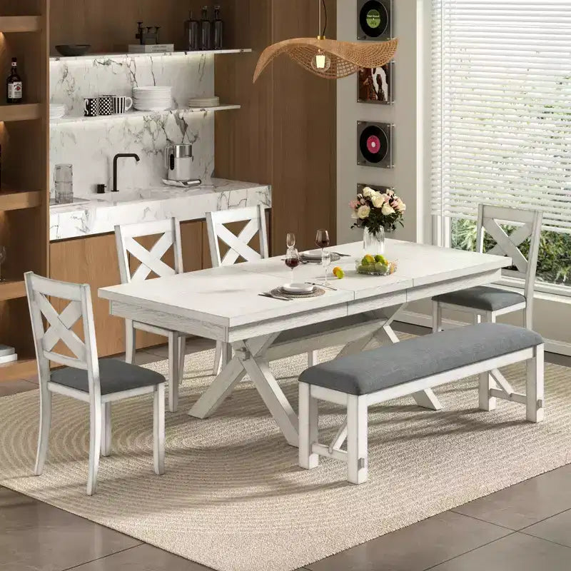 Ensemble de salle à manger extensible VECELO rustique 6 pièces, table en bois d'hévéa avec 4 chaises de salle à manger rembourrées sans accoudoirs et banc pour cuisine, gris