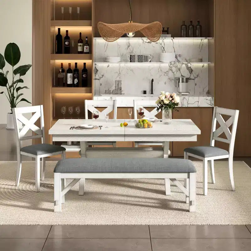 Ensemble de salle à manger extensible VECELO rustique 6 pièces, table en bois d'hévéa avec 4 chaises de salle à manger rembourrées sans accoudoirs et banc pour cuisine, gris
