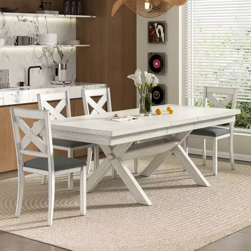 Ensemble de salle à manger extensible VECELO rustique 6 pièces, table en bois d'hévéa avec 4 chaises de salle à manger rembourrées sans accoudoirs et banc pour cuisine, gris