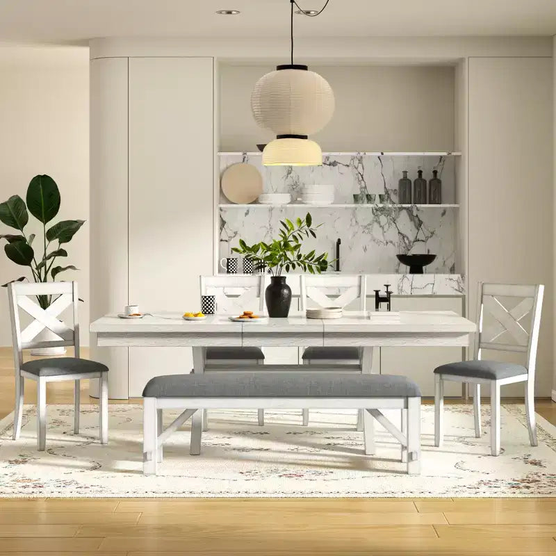 Ensemble de salle à manger extensible VECELO rustique 6 pièces, table en bois d'hévéa avec 4 chaises de salle à manger rembourrées sans accoudoirs et banc pour cuisine, gris