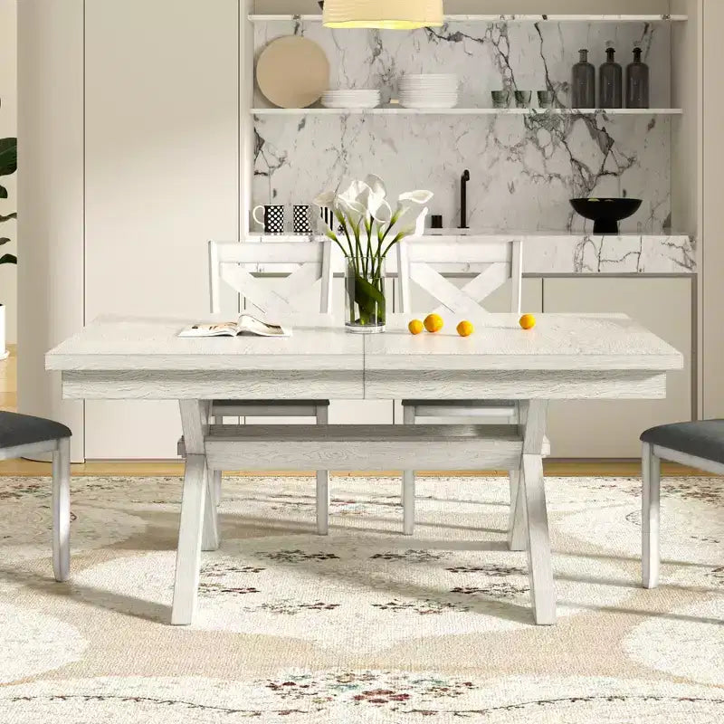 Ensemble de salle à manger extensible VECELO rustique 6 pièces, table en bois d'hévéa avec 4 chaises de salle à manger rembourrées sans accoudoirs et banc pour cuisine, gris