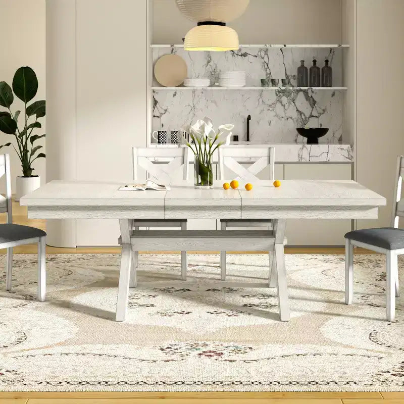 Ensemble de salle à manger extensible VECELO rustique 6 pièces, table en bois d'hévéa avec 4 chaises de salle à manger rembourrées sans accoudoirs et banc pour cuisine, gris
