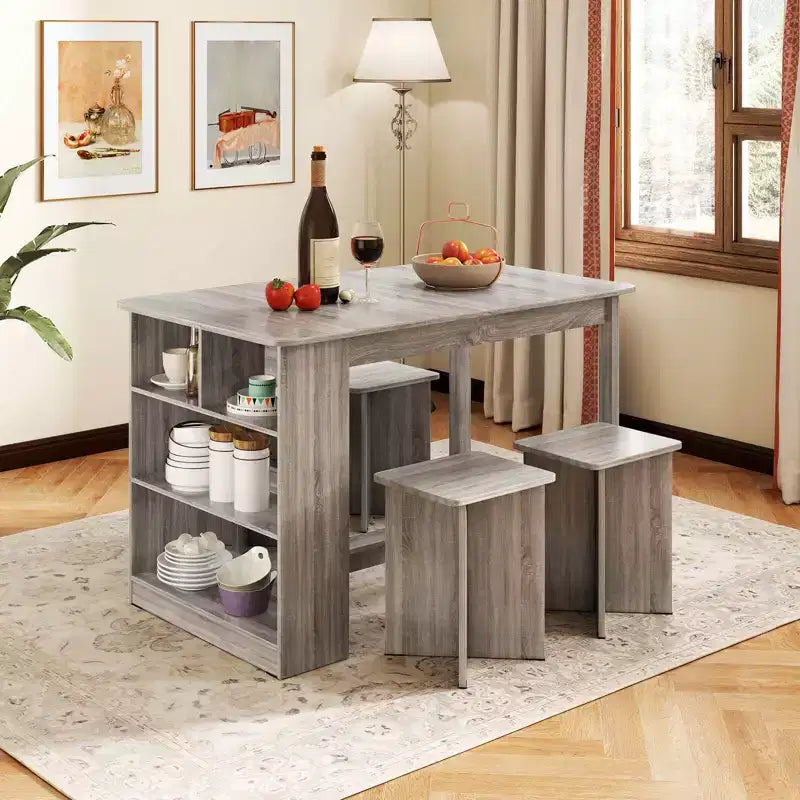 Ensemble de table à manger Costway 5 pièces avec étagère de rangement Table de cuisine rectangulaire avec 4 tabourets Beige/Gris