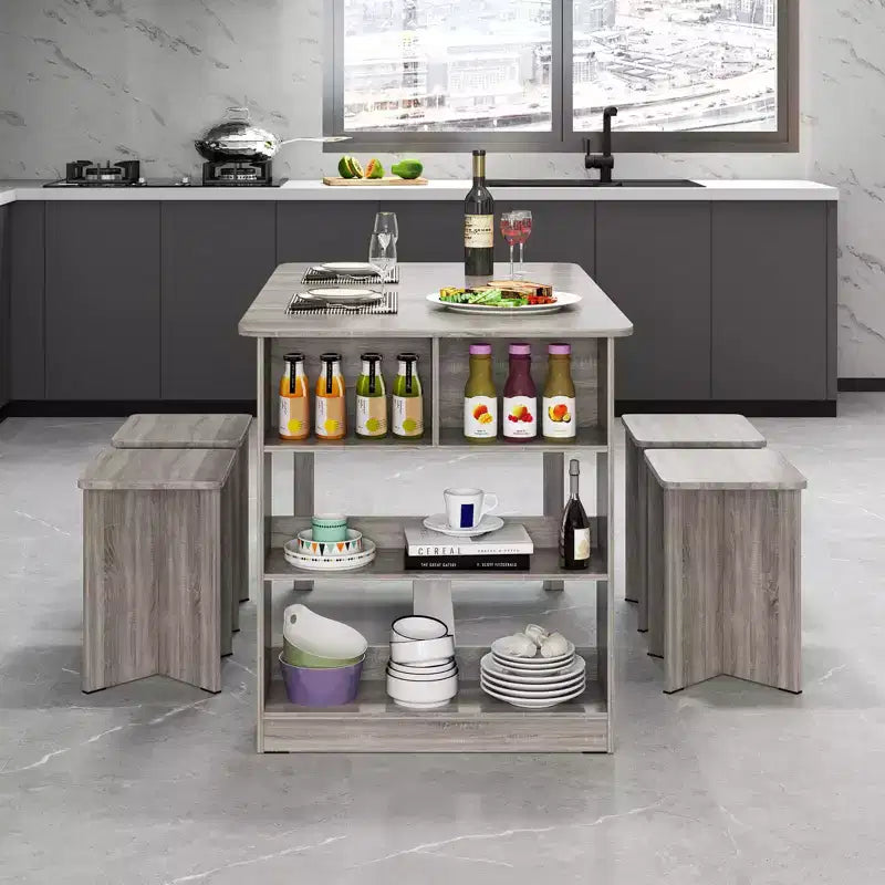 Ensemble de table à manger Costway 5 pièces avec étagère de rangement Table de cuisine rectangulaire avec 4 tabourets Beige/Gris