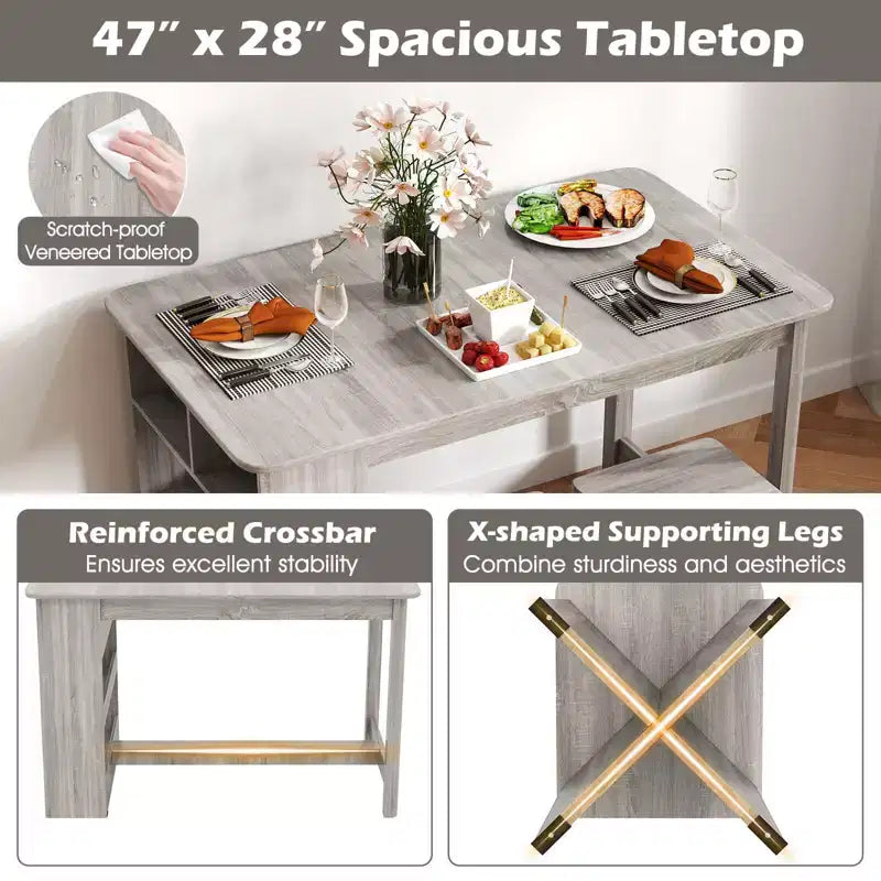 Ensemble de table à manger Costway 5 pièces avec étagère de rangement Table de cuisine rectangulaire avec 4 tabourets Beige/Gris
