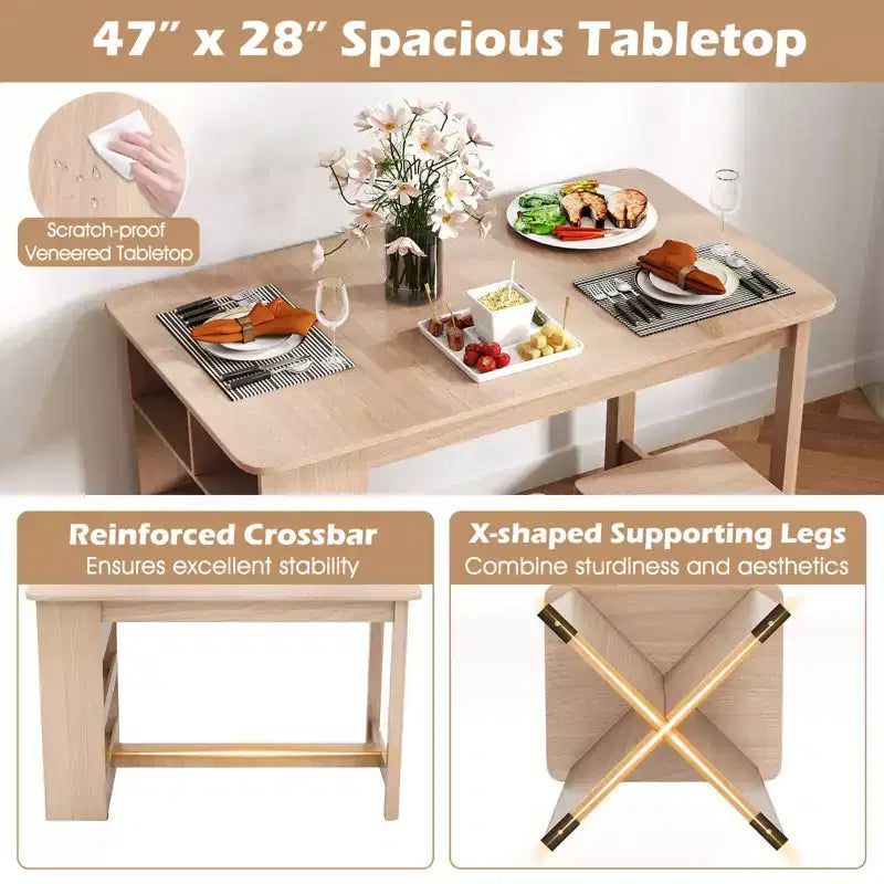 Ensemble de table à manger Costway 5 pièces avec étagère de rangement Table de cuisine rectangulaire avec 4 tabourets Beige/Gris
