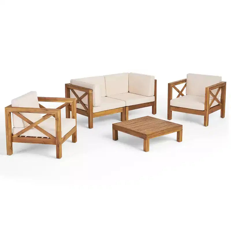 Christopher Knight Home Brava Ensemble de conversation d'extérieur 4 places en bois d'acacia avec coussins