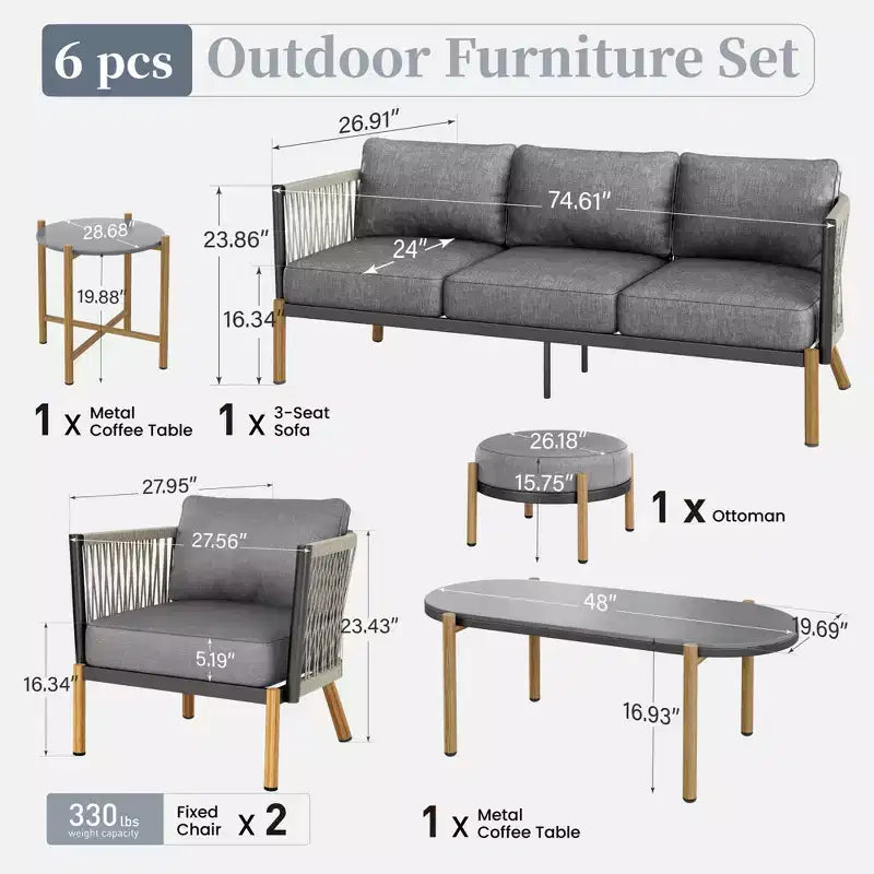 Captiva Designs Ensemble de conversation de canapé d'extérieur moderne en corde tressée 6 pièces avec pouf