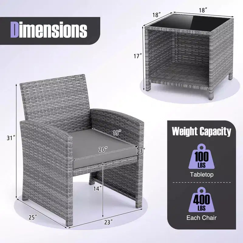 Ensemble de meubles de patio Costway 3 pièces avec table basse en verre trempé et coussins de siège moelleux gris/noir/blanc