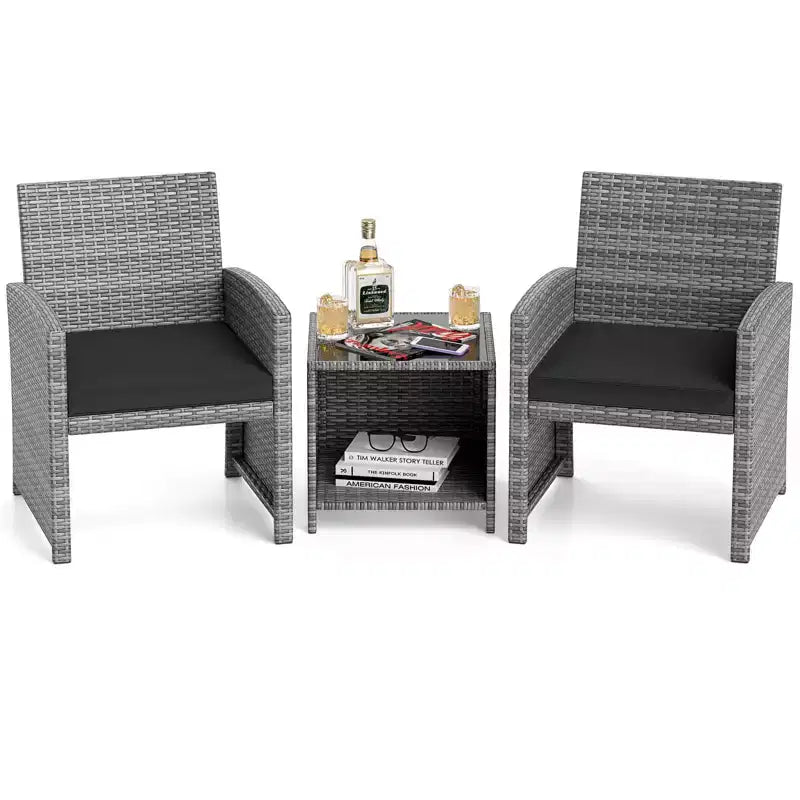 Ensemble de meubles de patio Costway 3 pièces avec table basse en verre trempé et coussins de siège moelleux gris/noir/blanc