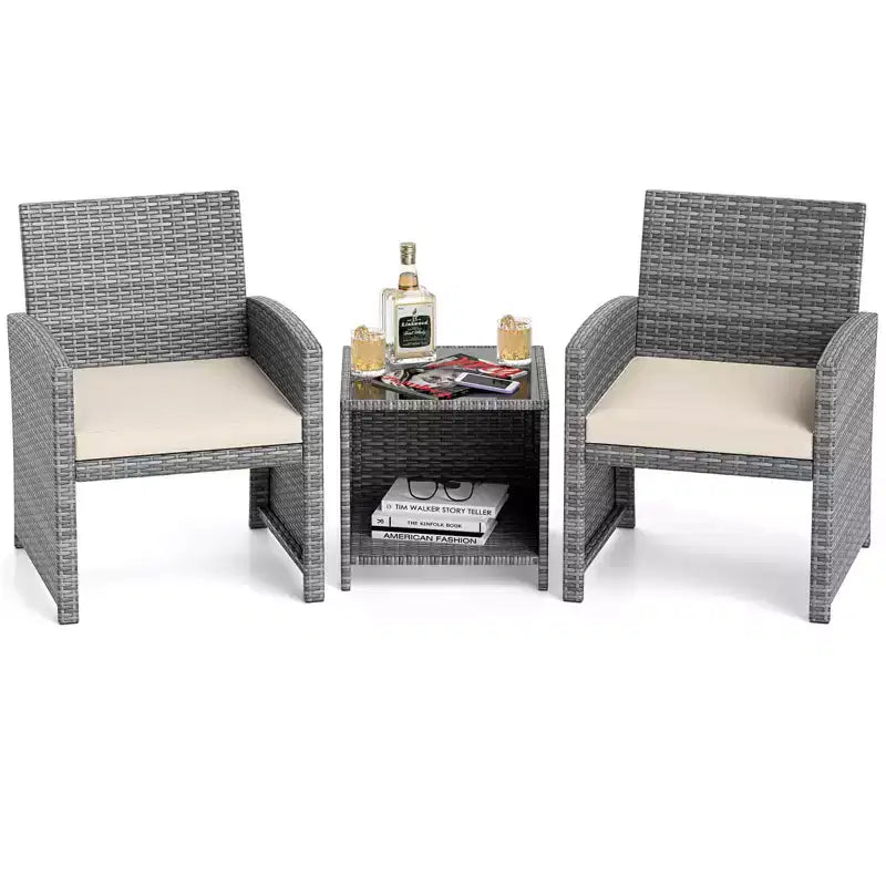 Ensemble de meubles de patio Costway 3 pièces avec table basse en verre trempé et coussins de siège moelleux gris/noir/blanc