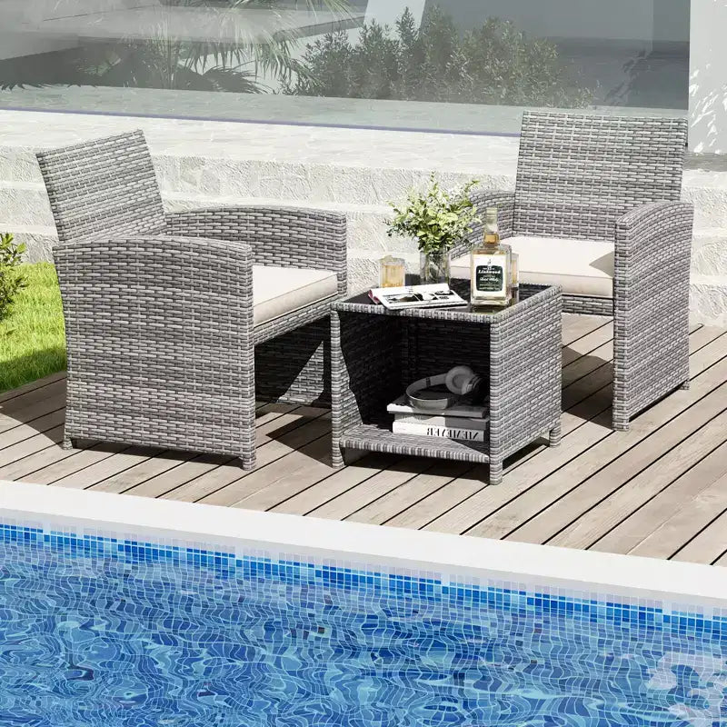 Ensemble de meubles de patio Costway 3 pièces avec table basse en verre trempé et coussins de siège moelleux gris/noir/blanc
