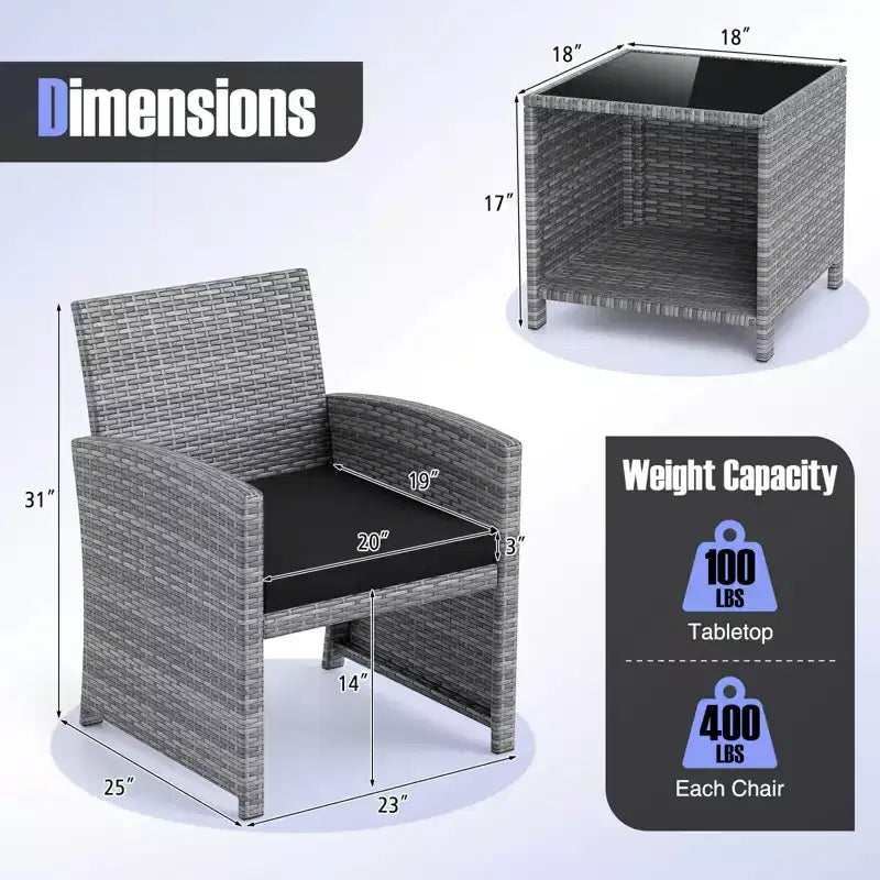 Ensemble de meubles de patio Costway 3 pièces avec table basse en verre trempé et coussins de siège moelleux gris/noir/blanc