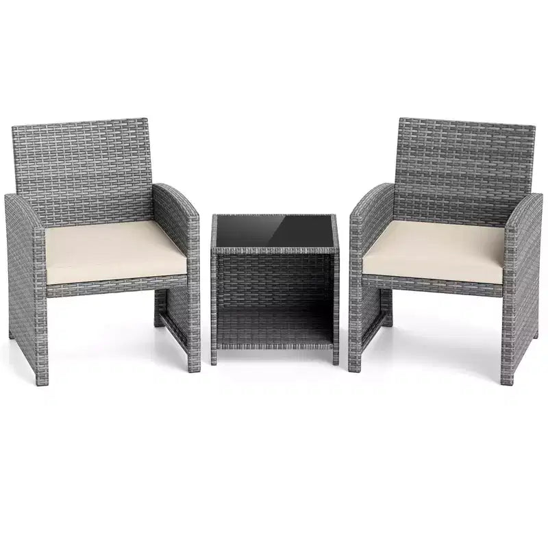 Ensemble de meubles de patio Costway 3 pièces avec table basse en verre trempé et coussins de siège moelleux gris/noir/blanc